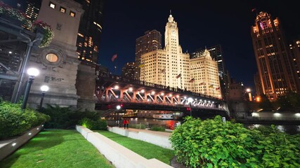 Sticker - Night view of Downtown Chicago skyscrapers from the Chicago Riverwalk, Illinois