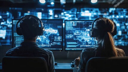 Two Professionals Using Advanced Security Systems in a Cybersecurity Operations Center