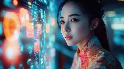 Wall Mural - Modern Asian Woman Engaging with Futuristic Digital Interface in High-Tech Environment