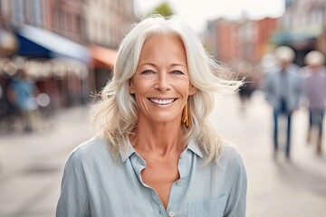 Wall Mural - Happy middleaged woman with gray hair on street