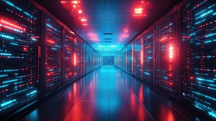 Wall Mural - Futuristic Data Center Hallway with Glowing Servers and Neon Lights