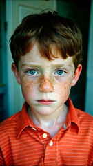 A young boy with a freckled face his expression a mix of determination and uncertainty as he begins to understand his own identity, Young Boy With Freckled Hair and Blue Eyes