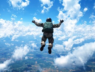 A skydiver in mid-air dive with open arms above the Earth with scattered clouds and a bright blue sky in the background, embracing the thrill of freefall.