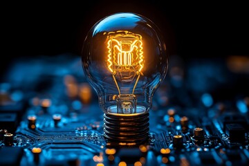 Wall Mural - Close-up of a glowing light bulb on a blue circuit board