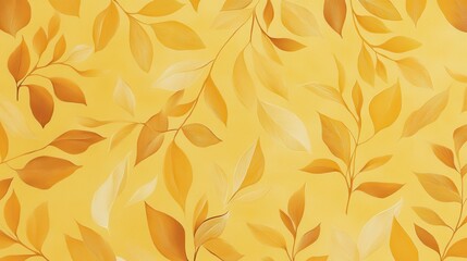 Wall Mural - A vibrant yellow background adorned with delicate leaves in various shades of orange and white.