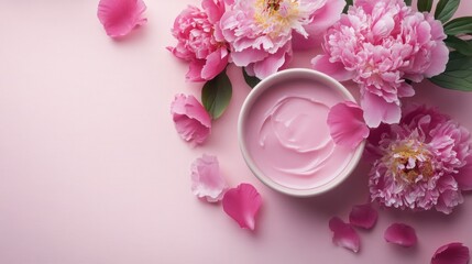 Pink Peony Flowers and Cream in a Bowl