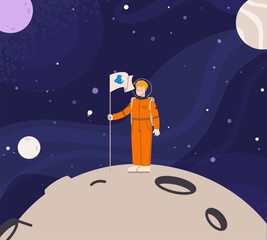 Wall Mural - cartoon astronaut on planet surface with flag. international space mission, friendship of countries 