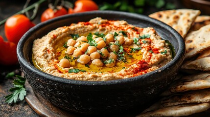 Poster -   A bowl of hummus, garnished with parsley and cilantro