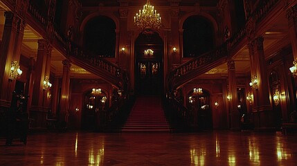 Poster -   A building with a chandelier hanging from its ceiling and a chandelier on the staircase