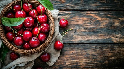 Sticker -   Red cherries in a cloth-lined basket atop wood table