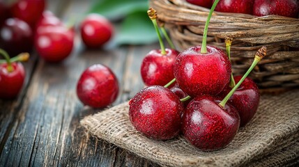 Poster -   A close-up of a cluster of cherries on a linen napkin beside a wooden table with a basket of cherries