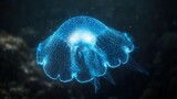 4K Realistic Bioluminescent comb jelly pulsating in dark ocean depths,