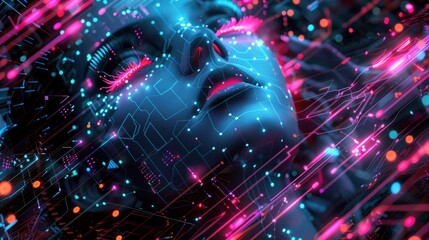 Poster - A detailed digital representation of a woman with glowing features, enveloped in bright colors and intricate light patterns, creating a captivating futuristic atmosphere