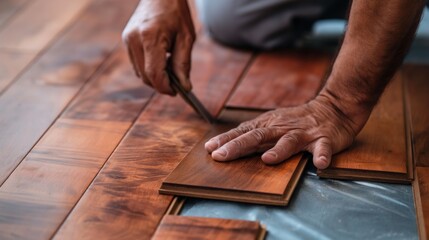 Flooring expert installing hardwood floors, measuring and cutting planks, and securing them in place to enhance the homes aesthetic and value