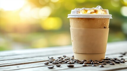 Wall Mural -   A cup of coffee sits on a wooden table with a mound of coffee beans nearby