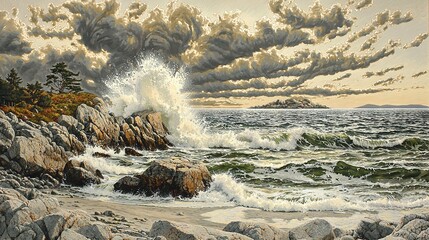 Wall Mural -   A lighthouse stands tall amidst crashing waves on a rocky shore The painting captures the vastness of the sky with billowing clouds