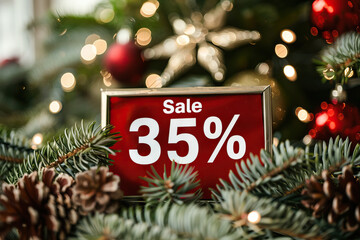 Poster - Christmas tree sale sign with 35% off, surrounded by abundant festive decorations like ornaments, lights, and various types of fir trees.