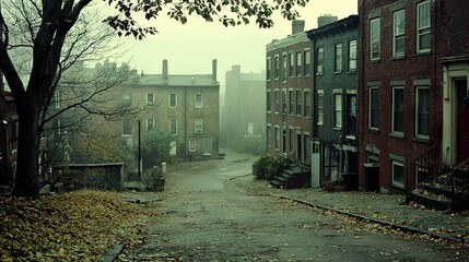 Wall Mural -   Foggy road, lined with buildings and a tree nearby