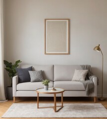 Wall Mural - A living room with a white couch and a wooden coffee table