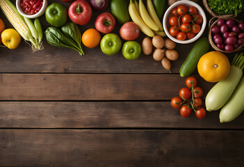 Rustic Wooden Table with Fresh Produce: A close-up of a rustic wooden table adorned with fresh fruits and vegetables.