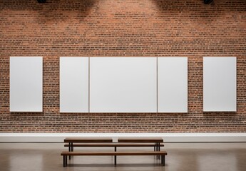 Wall Mural - A white wall with three paintings and a row of benches
