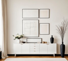 Wall Mural - A white and black framed picture is hanging on a wall. The picture is a collage of four different pictures. The room is decorated with a white dresser and a black vase. The vase is placed on a table