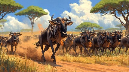 Poster -   A painting depicts a herd of wildebeests sprinting on a dusty road, surrounded by trees and a clear blue sky