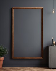 Wall Mural - A large wooden framed mirror sits in a room with a grey wall. The mirror is empty, and the room is sparsely decorated. The potted plant in the corner adds a touch of greenery to the space