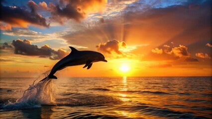 Wall Mural - Dolphin leaps gracefully from the ocean at sunset. Generative AI