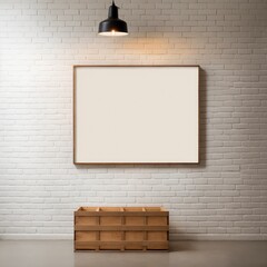 Wall Mural - A white framed picture sits on a wooden crate in a room with white brick walls. The empty frame and crate give the room a minimalist and clean look