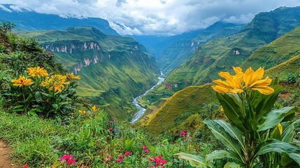 Poster -   A panoramic view of a lush valley, featuring a meandering river and vibrant flora in the foreground, set against the majestic backdrop of towering mountains