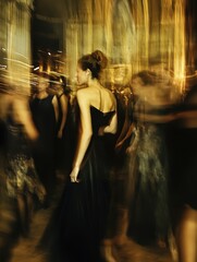 Wall Mural - Elegant woman in a black gown dancing at a gala under ornate lighting