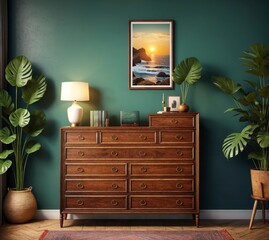 Wall Mural - A wooden dresser with a green wall behind it