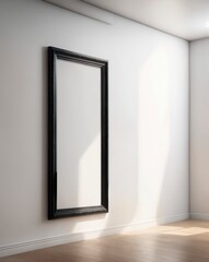 Wall Mural - A black framed mirror with a white frame is hanging on a wall. The mirror is empty, and the room is bright and sunny. The empty space around the mirror gives the room a clean and minimalist look