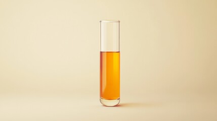 Test tube filled with orange liquid on beige background. Scientific experiment and laboratory concept