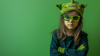 Wall Mural - Child standing in halloween costume on green background