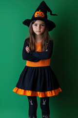 Wall Mural - Child standing in halloween costume on green background