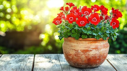 Sticker -   A well-defined image with a clear wooden table showcasing a vibrant red flower pot