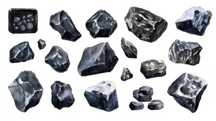 Coal. White background. Watercolor illustrations set