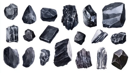 Coal. White background. Watercolor illustrations set