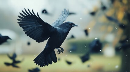 Black crow in flight with blurred background, nature and wildlife photography concept