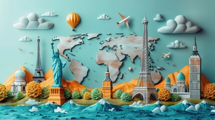 Global Tourism Journey: Airplane and Landmarks Banner for Travel Around the World, Vector Illustration in Modern Flat Design