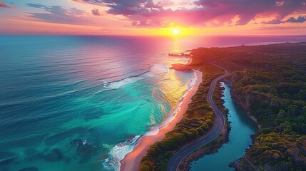 Wall Mural - Aerial View of Coastal Road at Sunset