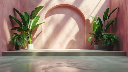 Wall Mural - Pink Wall With Plants and Sunlight