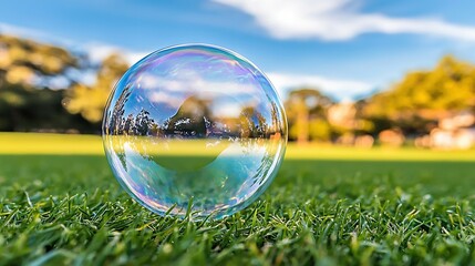 Poster -   Soap bubble resting atop green grass with blue-white cloud coverage