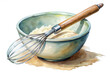 © Nima - A watercolor illustration of a mixing bowl filled with batter and a whisk lying next to it. The bowl is blue with a brown rim, and the batter is a light yellow color. The whisk has a wooden handle and