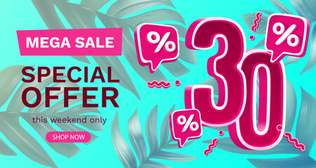 Wall Mural - Summer sale offer 30 percentage, flyer save season. Vector illustration