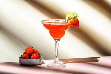 Wall Mural - Strawberry summer red cocktail drink with tequila, limу juice, liqueur, berries and ice in glass. Beige background., hard light