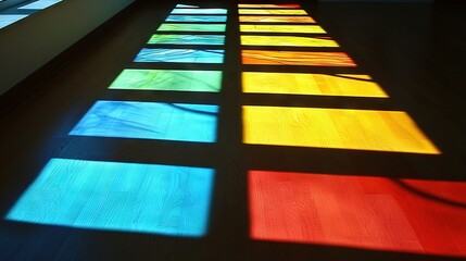 Poster -   Wooden floor with colorful square lights from window panes