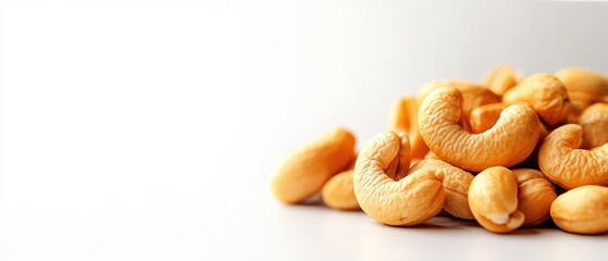 Close-up of a pile of cashew nuts on a white background. Delicious and healthy snack perfect for various dishes and recipes.